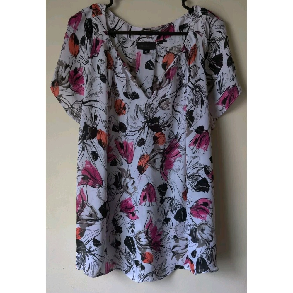 Worthington Women Floral Tunic Top Sheer V-Neck Short Sleeve Size 3X Black/White